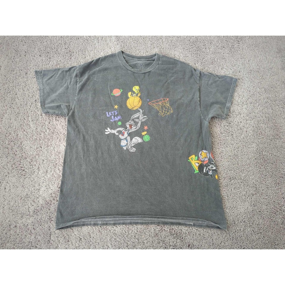 Space Jam T Shirt Mens L Gray Vintage Dye Looney Tunes Basketball Let's Jam